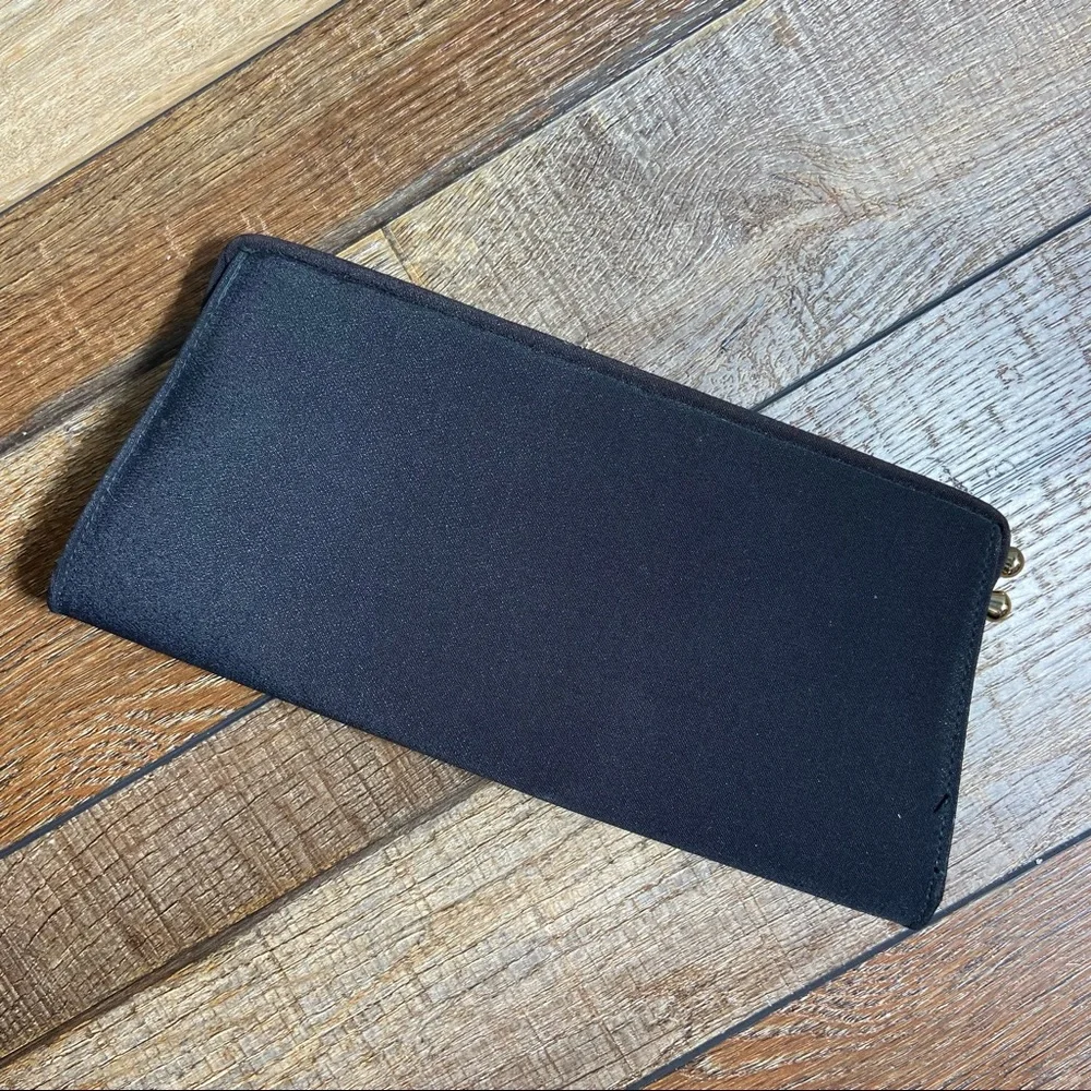 Vintage Satin Black and Gold Kiss Lock Clutch with Interior Coin Pouch